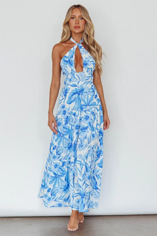 Pleated Women Dress with a Timeless and Elegant TextureBondi Keyhole Bust Maxi Dress Floral Blue Pleated Women Dress with a Timeless and Elegant TextureBondi Keyhole Bust Maxi Dress Floral Blue