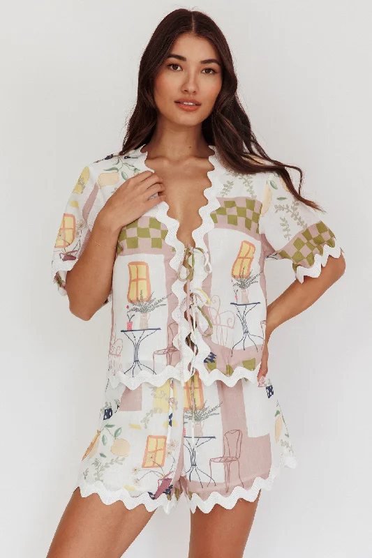 Plus Size Women Dress with a Flattering A - Line Cut for Comfort and StyleBreakaway Graphic Print Tied Short Sleeve Shirt Olive Plus Size Women Dress with a Flattering A - Line Cut for Comfort and StyleBreakaway Graphic Print Tied Short Sleeve Shirt Olive