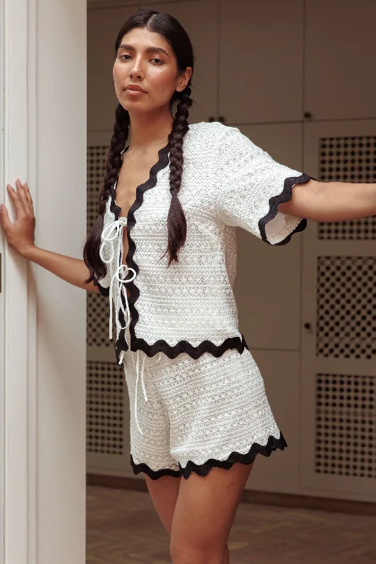 Long - Sleeve Women Dress in Velvet for a Luxurious Winter LookBreakaway Tie Front Shirt Crochet White Long - Sleeve Women Dress in Velvet for a Luxurious Winter LookBreakaway Tie Front Shirt Crochet White