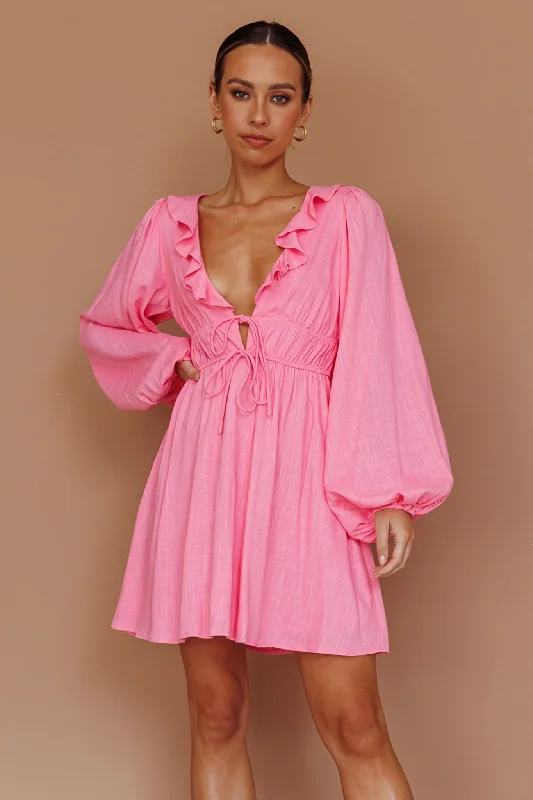 Carnivale Balloon Sleeve Ruffle Mini Dress Pink