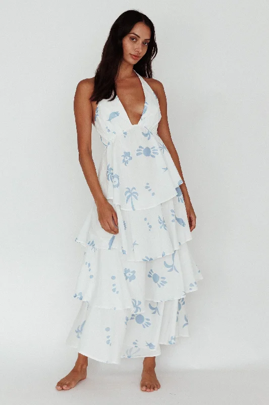 Wrap - Style Women Dress with Adjustable Fit for All Body TypesCatalina Tiered Ruffle Maxi Dress White Blue Wrap - Style Women Dress with Adjustable Fit for All Body TypesCatalina Tiered Ruffle Maxi Dress White Blue