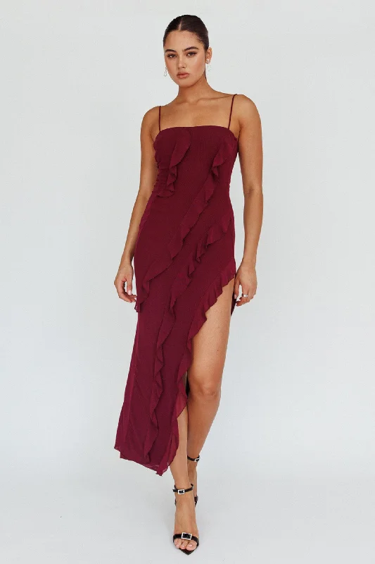 Ruffled Women Dress with Multiple Layers for a Playful and Girly StyleCatriona Split Ruffle Midi Dress Grape Ruffled Women Dress with Multiple Layers for a Playful and Girly StyleCatriona Split Ruffle Midi Dress Grape