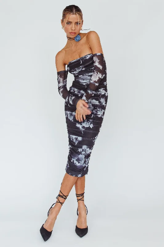Strapless Women Dress with a Built - in Bra for Comfort and SupportCece Off-Shoulder Midi Dress Floral Black Strapless Women Dress with a Built - in Bra for Comfort and SupportCece Off-Shoulder Midi Dress Floral Black