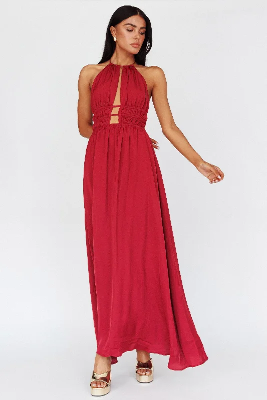 Sleeveless Women Dress in Bright Colors for Summer PartiesCyndi Open Back Halterneck Maxi Dress Wine Sleeveless Women Dress in Bright Colors for Summer PartiesCyndi Open Back Halterneck Maxi Dress Wine