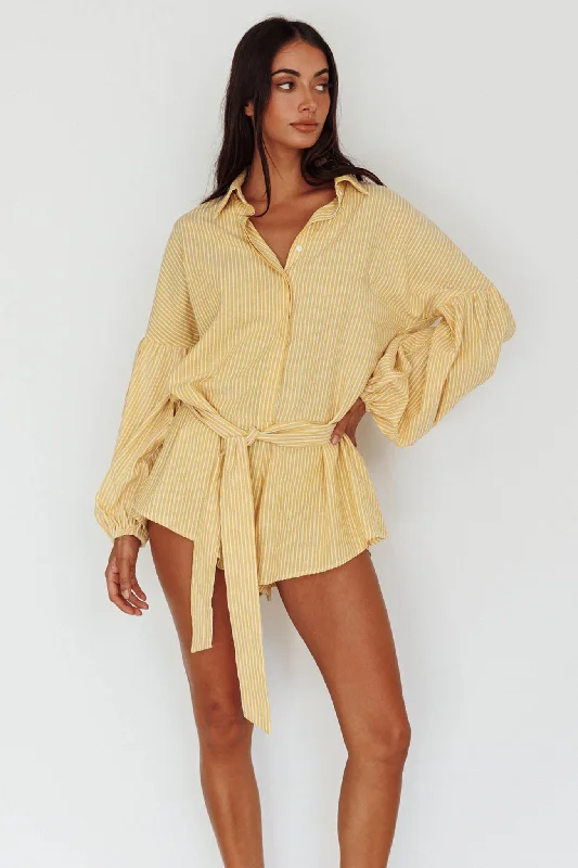 Halter Neck Women Dress to Show Off the Shoulders and NecklineDaytona Beach Long Sleeve Shirt Romper Yellow Stripe Halter Neck Women Dress to Show Off the Shoulders and NecklineDaytona Beach Long Sleeve Shirt Romper Yellow Stripe