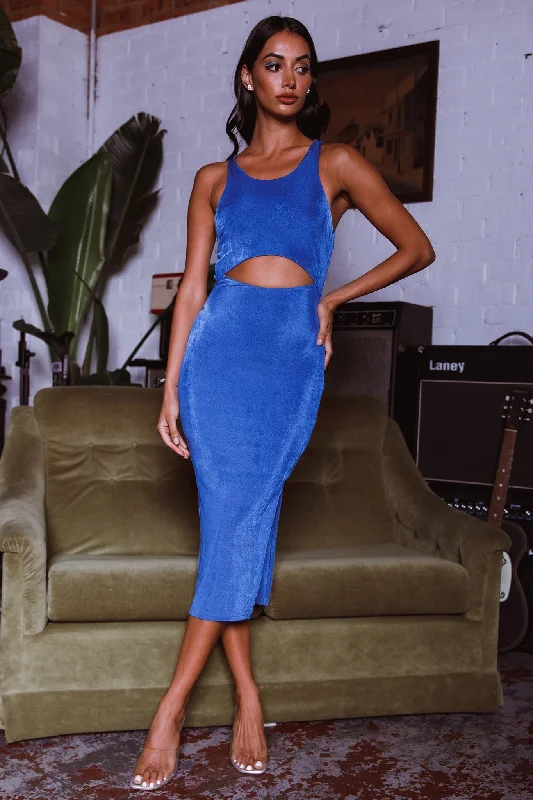 Strapless Women Dress with a Built - in Bra for Comfort and SupportDominique Cut-Out Twist Midi Dress Blue Strapless Women Dress with a Built - in Bra for Comfort and SupportDominique Cut-Out Twist Midi Dress Blue