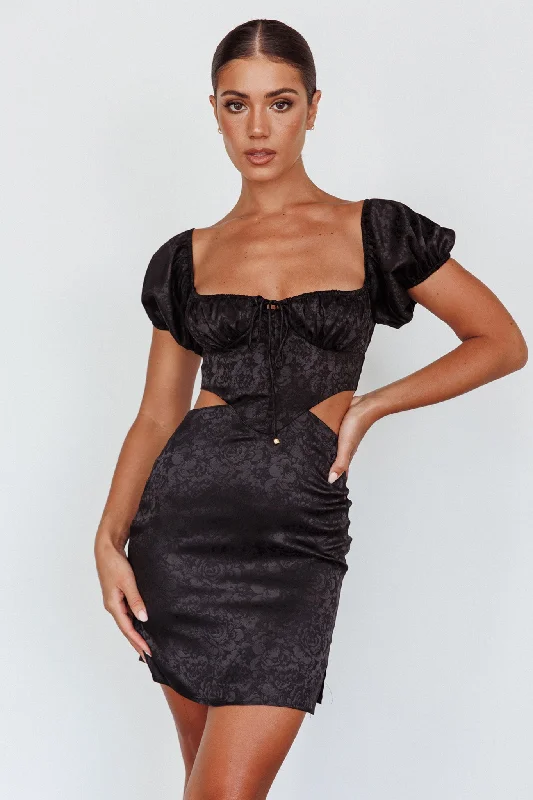 Lace - Embellished Women Dress for an Elegant and Sophisticated AppearanceEryn Puff Sleeve Jacquard Mini Dress Black