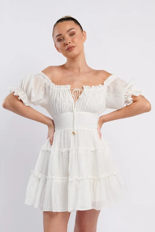 Mini Women Dress with a Short Hem for a Young and Trendy StyleEverley Puff Sleeve Mini Dress White Mini Women Dress with a Short Hem for a Young and Trendy StyleEverley Puff Sleeve Mini Dress White