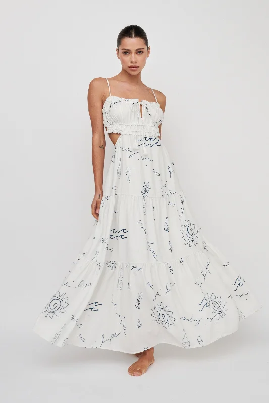 Ball Gown Women Dress with a Full Skirt for a Princess - like LookEyona Cut-Out Back Tie Maxi Dress Print Cream Blue Ball Gown Women Dress with a Full Skirt for a Princess - like LookEyona Cut-Out Back Tie Maxi Dress Print Cream Blue