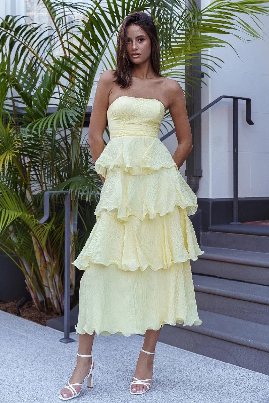 Pleated Women Dress with a Timeless and Elegant TextureGiavana Strapless Layered Ruffles Midi Dress Lemon Pleated Women Dress with a Timeless and Elegant TextureGiavana Strapless Layered Ruffles Midi Dress Lemon