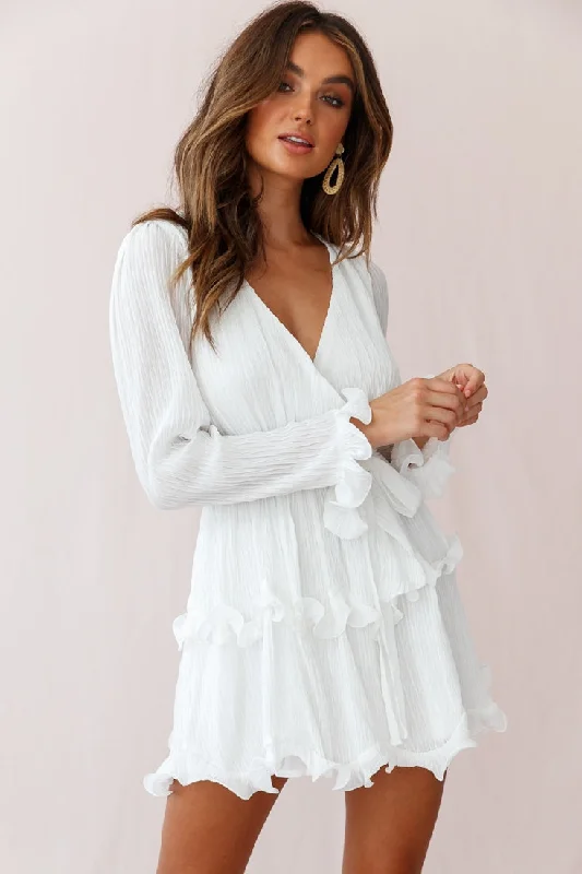 Strapless Women Dress with a Built - in Bra for Comfort and SupportGreta Tiered Ruffle Chiffon Dress White Strapless Women Dress with a Built - in Bra for Comfort and SupportGreta Tiered Ruffle Chiffon Dress White