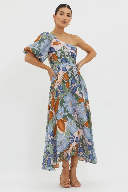 Mini Women Dress with a Short Hem for a Young and Trendy StyleJayni Puffed One Shoulder Midi Dress Blue
