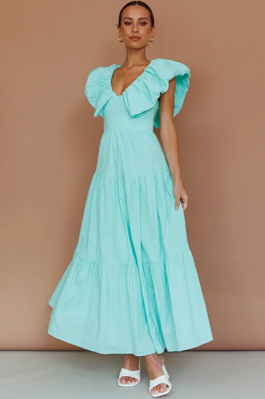 Backless Women Dress for a Sexy and Alluring Look at Evening EventsKahlo Puffed Ruffle Neckline Maxi Dress Mint Backless Women Dress for a Sexy and Alluring Look at Evening EventsKahlo Puffed Ruffle Neckline Maxi Dress Mint