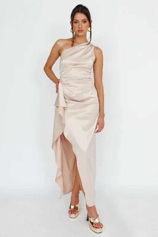 Maxi Women Dress with Floral Print for a Bohemian VibeKamillia One-Shoulder Split Midi Dress Champagne Maxi Women Dress with Floral Print for a Bohemian VibeKamillia One-Shoulder Split Midi Dress Champagne