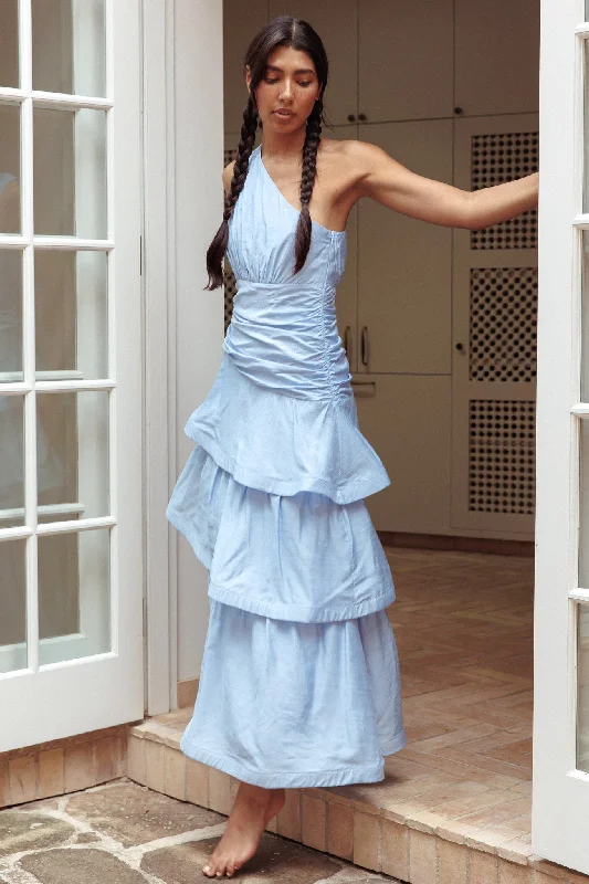 Mermaid - Style Women Dress with a Fitted Silhouette for Special OccasionsKenny One Shoulder Tiered Maxi Dress Solid Blue Mermaid - Style Women Dress with a Fitted Silhouette for Special OccasionsKenny One Shoulder Tiered Maxi Dress Solid Blue