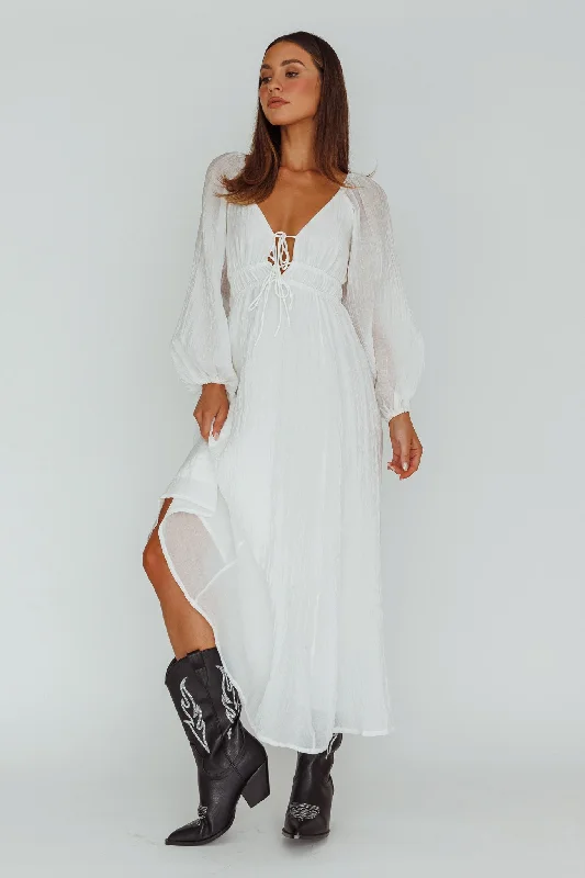 Sleeveless Women Dress in Bright Colors for Summer PartiesKylin Balloon Sleeve Tied Bust Maxi Dress White Sleeveless Women Dress in Bright Colors for Summer PartiesKylin Balloon Sleeve Tied Bust Maxi Dress White