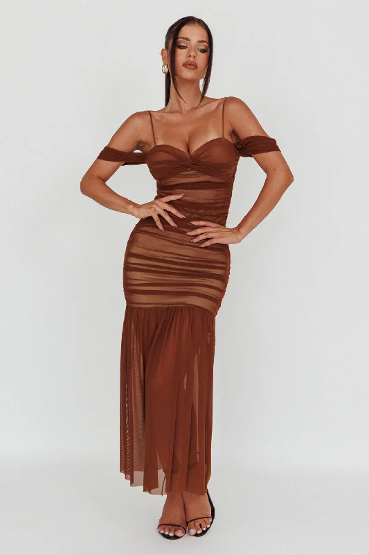 Wrap - Style Women Dress with Adjustable Fit for All Body TypesLa Salle Ruched Mesh Maxi Dress Chocolate Wrap - Style Women Dress with Adjustable Fit for All Body TypesLa Salle Ruched Mesh Maxi Dress Chocolate