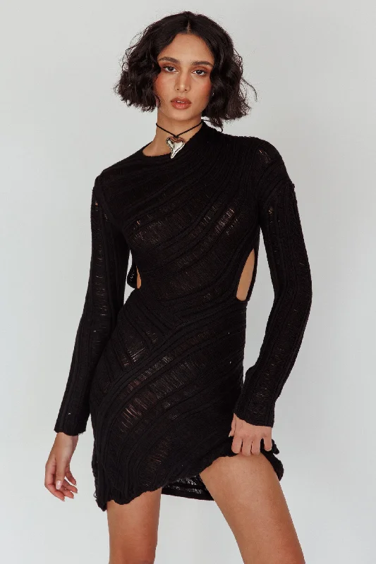Halter Neck Women Dress to Show Off the Shoulders and NecklineLeyanne Crochet Long Sleeve Cut-Out Mini Dress Black