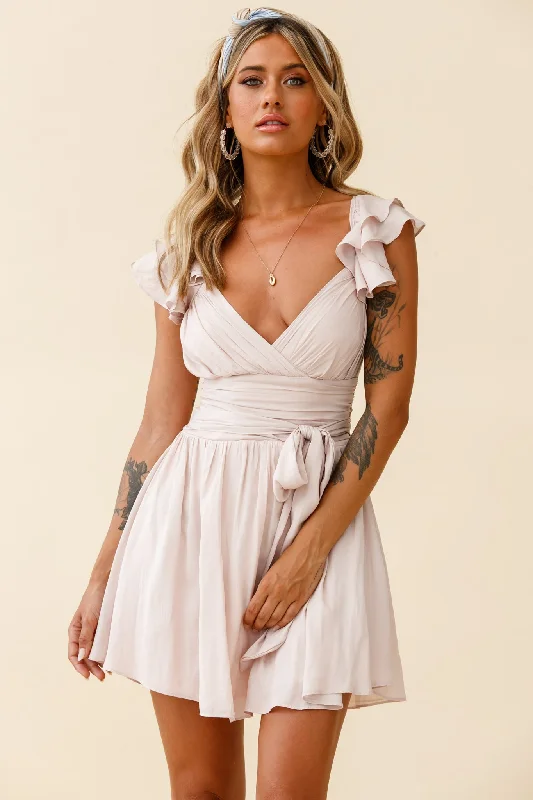 Wrap - Style Women Dress with Adjustable Fit for All Body TypesLola Ruffle Shoulder Ruched Dress Nude Wrap - Style Women Dress with Adjustable Fit for All Body TypesLola Ruffle Shoulder Ruched Dress Nude