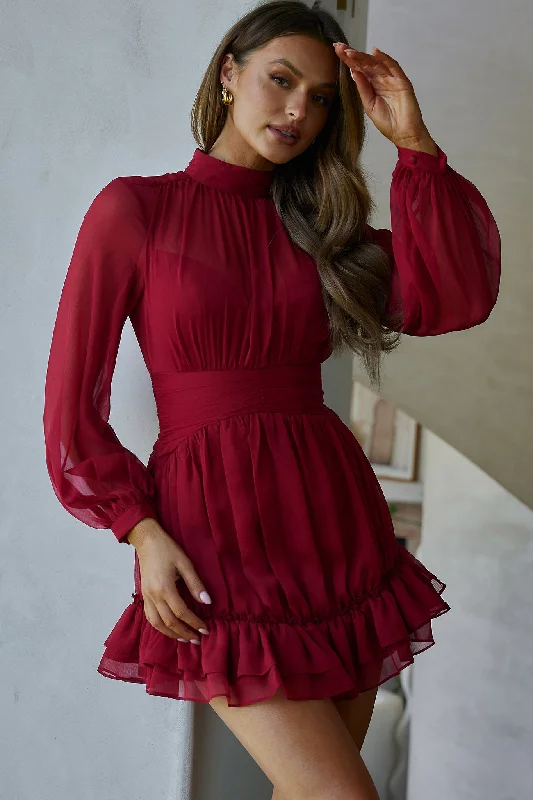 Pleated Women Dress with a Timeless and Elegant TextureMandalay High Neck Long Sleeve Waistband Dress Wine Pleated Women Dress with a Timeless and Elegant TextureMandalay High Neck Long Sleeve Waistband Dress Wine