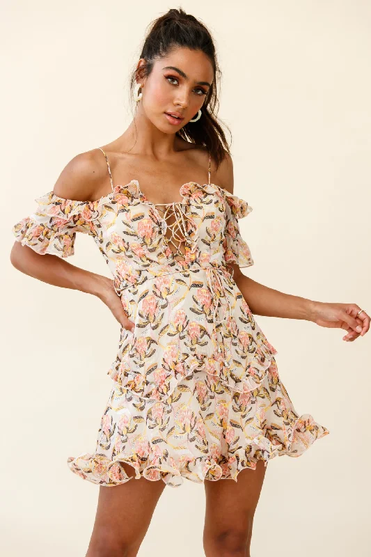 Lace - Embellished Women Dress for an Elegant and Sophisticated AppearanceMaranda Bardot Lace-Up Bust Dress Banksia Print Dress Nude Lace - Embellished Women Dress for an Elegant and Sophisticated AppearanceMaranda Bardot Lace-Up Bust Dress Banksia Print Dress Nude