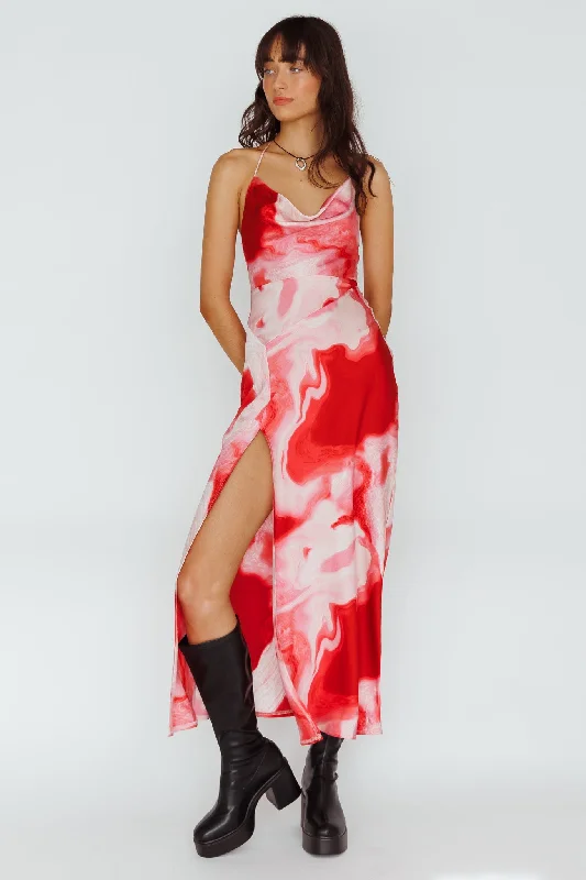 Mini Women Dress with a Short Hem for a Young and Trendy StyleMarcello Cowl Halterneck Midi Dress Marble Red Mini Women Dress with a Short Hem for a Young and Trendy StyleMarcello Cowl Halterneck Midi Dress Marble Red