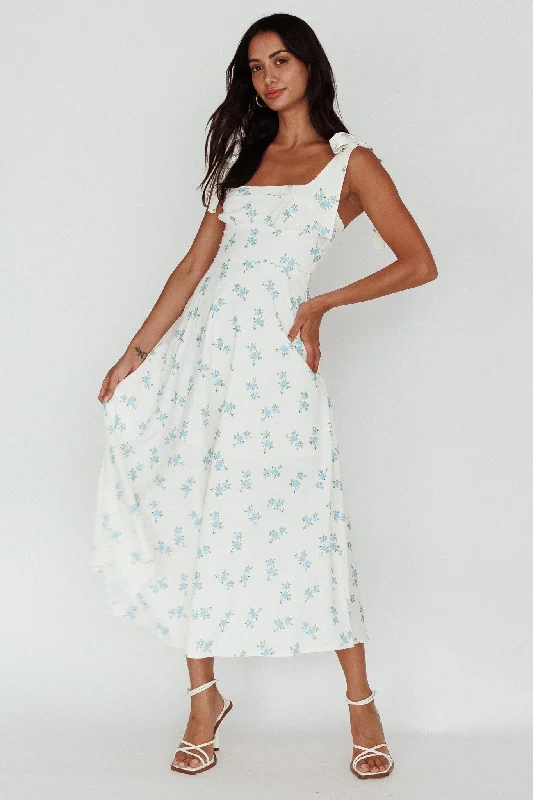 Maxi Women Dress with Floral Print for a Bohemian VibeMathilda Tied Shoulder Midi Dress Blue Floral Maxi Women Dress with Floral Print for a Bohemian VibeMathilda Tied Shoulder Midi Dress Blue Floral