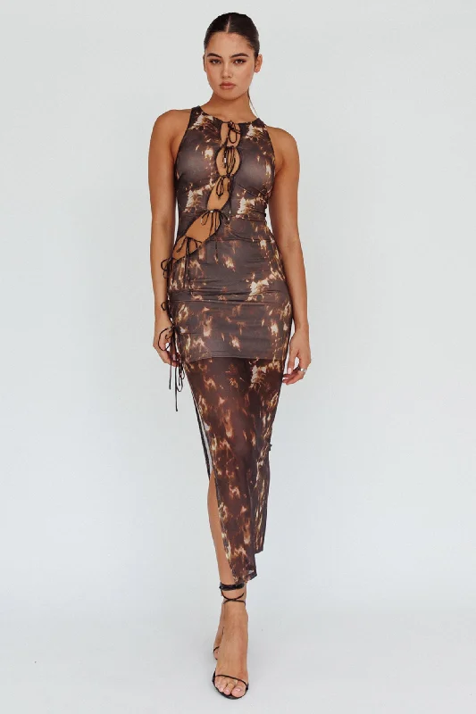 Printed Abstract Women Dress for a Modern and Artistic AppealMira Tied Keyhole Maxi Dress Brown Printed Abstract Women Dress for a Modern and Artistic AppealMira Tied Keyhole Maxi Dress Brown