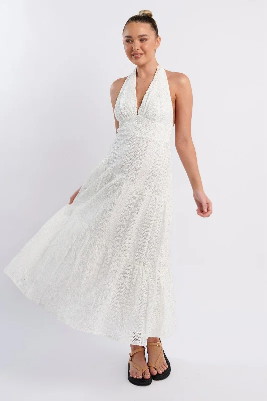 Mermaid - Style Women Dress with a Fitted Silhouette for Special OccasionsNolita Halterneck Lace Overlay Maxi Dress White Mermaid - Style Women Dress with a Fitted Silhouette for Special OccasionsNolita Halterneck Lace Overlay Maxi Dress White