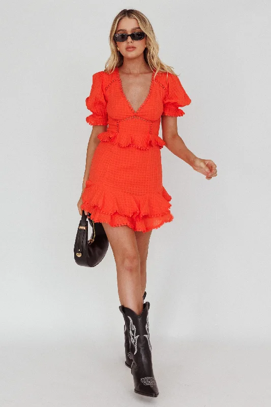 Empire Waist Women Dress to Accentuate the Bust and Conceal the WaistPreston Puff Sleeve Crochet Trim Dress Coral Empire Waist Women Dress to Accentuate the Bust and Conceal the WaistPreston Puff Sleeve Crochet Trim Dress Coral