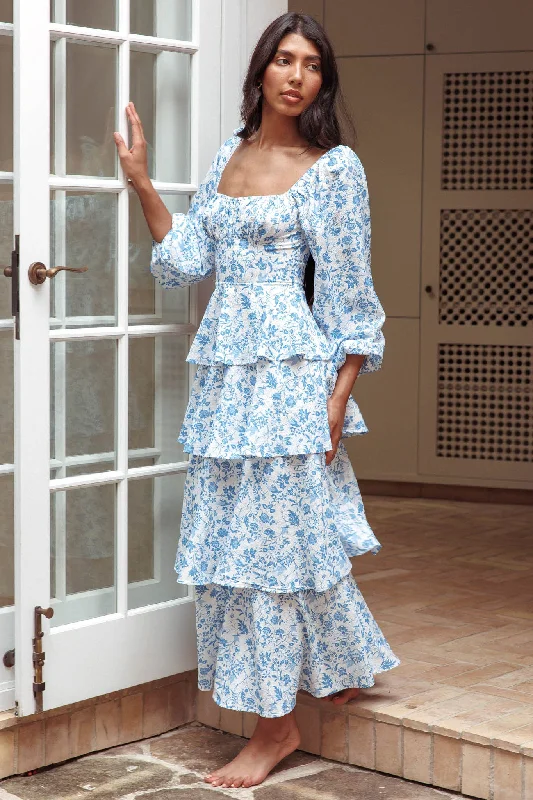 Pleated Women Dress with a Timeless and Elegant TextureProvence Bloom Long Sleeve Maxi Dress Floral Blue Pleated Women Dress with a Timeless and Elegant TextureProvence Bloom Long Sleeve Maxi Dress Floral Blue