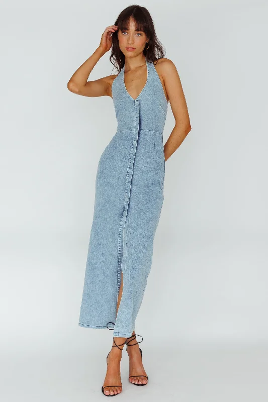 Printed Abstract Women Dress for a Modern and Artistic AppealRenita Halterneck Button Maxi Dress Denim Blue