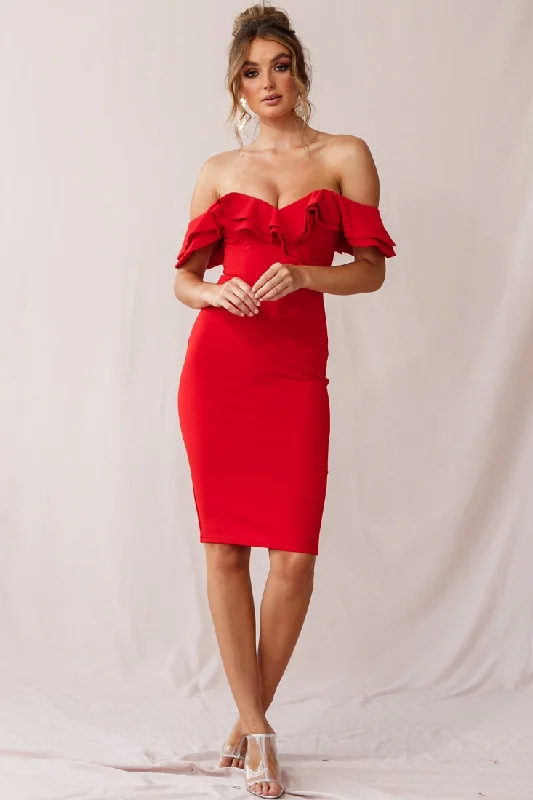 Strapless Women Dress with a Built - in Bra for Comfort and SupportRossi Ruffled Off The Shoulder Bodycon Dress Red Strapless Women Dress with a Built - in Bra for Comfort and SupportRossi Ruffled Off The Shoulder Bodycon Dress Red