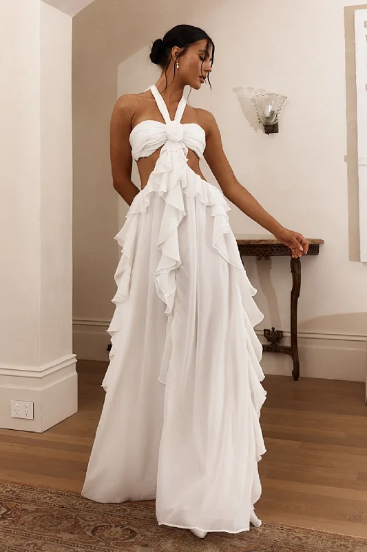 Shift Women Dress with a Simple and Classic Design for Everyday WearSantiago Cut-Out Ruffle Maxi Dress White Shift Women Dress with a Simple and Classic Design for Everyday WearSantiago Cut-Out Ruffle Maxi Dress White