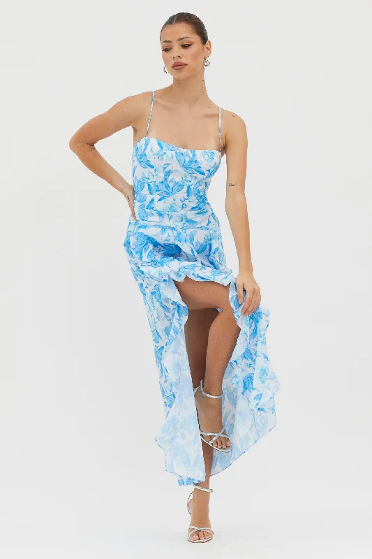 Backless Women Dress for a Sexy and Alluring Look at Evening EventsSerif Ruffle Trim Split Maxi Dress Blue