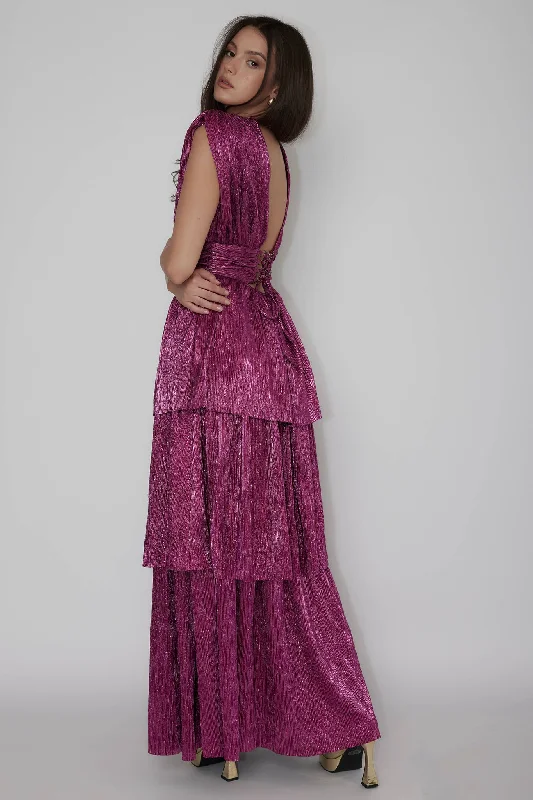 Ruffled Women Dress with Multiple Layers for a Playful and Girly StyleShimmer Layered Maxi Dress Magenta Haze Ruffled Women Dress with Multiple Layers for a Playful and Girly StyleShimmer Layered Maxi Dress Magenta Haze