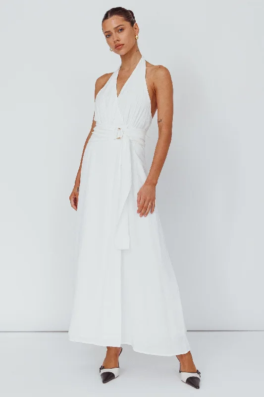Backless Women Dress for a Sexy and Alluring Look at Evening EventsSpring Feels Halterneck Belt Maxi Dress White Backless Women Dress for a Sexy and Alluring Look at Evening EventsSpring Feels Halterneck Belt Maxi Dress White
