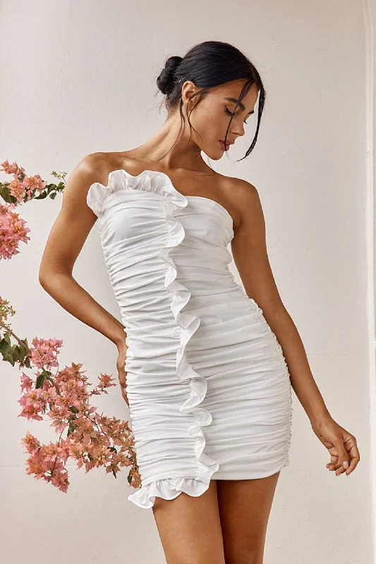 Sheath Women Dress with a Tailored Fit for a Professional LookSummer Dawn Ruffle Trim Ruched Mini Dress White