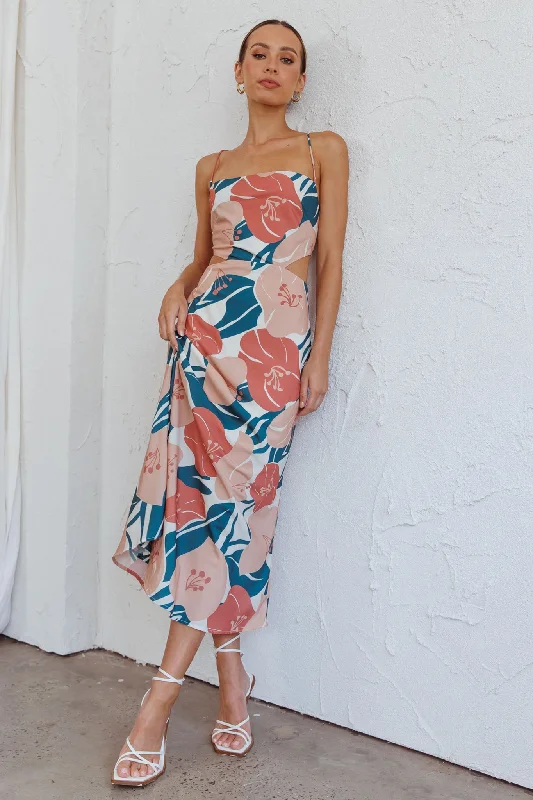 Lace - Embellished Women Dress for an Elegant and Sophisticated AppearanceSunday Bliss Tie-Up Back Cowl Neck Midi Dress Flower Red Lace - Embellished Women Dress for an Elegant and Sophisticated AppearanceSunday Bliss Tie-Up Back Cowl Neck Midi Dress Flower Red