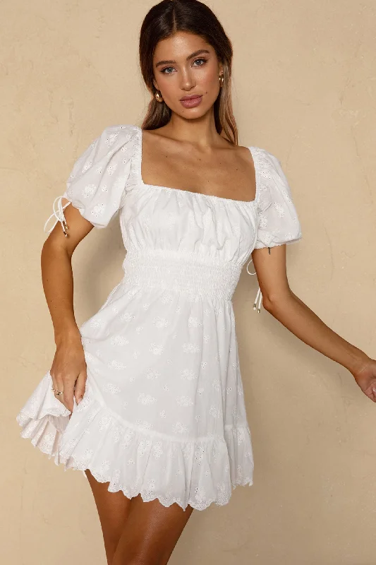 Pleated Women Dress with a Timeless and Elegant TextureSweet Devotion Puff Sleeve Shirred Waist Eyelet Mini Dress White Pleated Women Dress with a Timeless and Elegant TextureSweet Devotion Puff Sleeve Shirred Waist Eyelet Mini Dress White