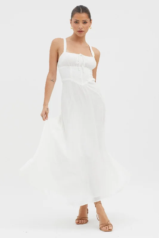 Backless Women Dress for a Sexy and Alluring Look at Evening EventsSweet Pea Tied Bust A-Line Midi Dress White Backless Women Dress for a Sexy and Alluring Look at Evening EventsSweet Pea Tied Bust A-Line Midi Dress White