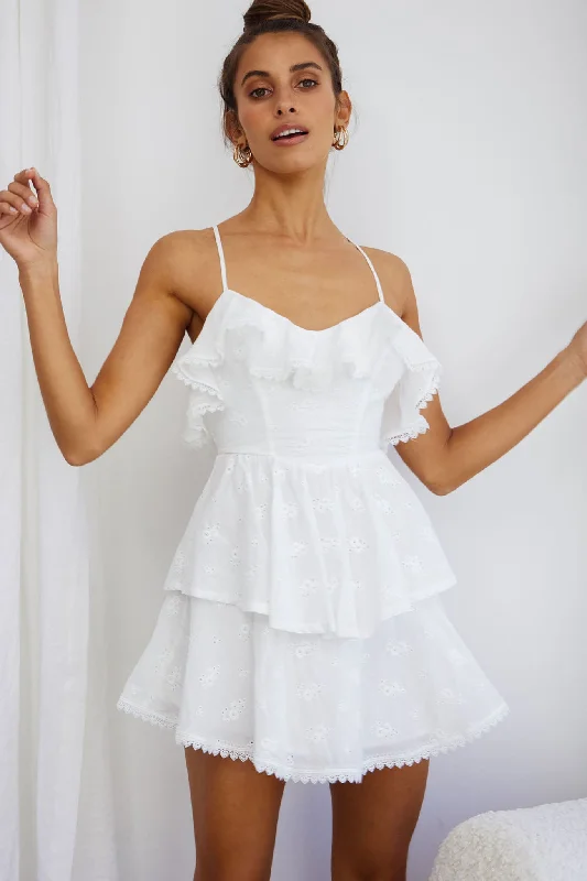 Strapless Women Dress with a Built - in Bra for Comfort and SupportTameka Ruffle Trim Layered Hem Eyelet Dress White Strapless Women Dress with a Built - in Bra for Comfort and SupportTameka Ruffle Trim Layered Hem Eyelet Dress White