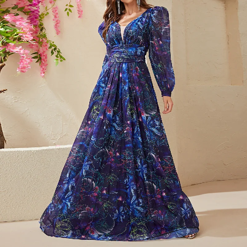 Maxi Women Dress with Floral Print for a Bohemian Vibe Maxi Women Dress with Floral Print for a Bohemian Vibe NiDELL . New Cross-Border Long Dress Chiffon Long Sleeve V-neck Dark Blue Puff Sleeve Holiday Dress-Ssl6140