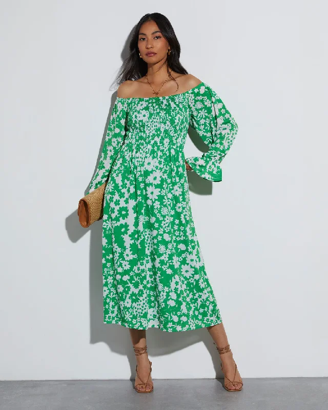 Midi dresses with belted waists to accentuate the figureApril Floral Off The Shoulder Midi Dress Midi dresses with belted waists to accentuate the figureApril Floral Off The Shoulder Midi Dress