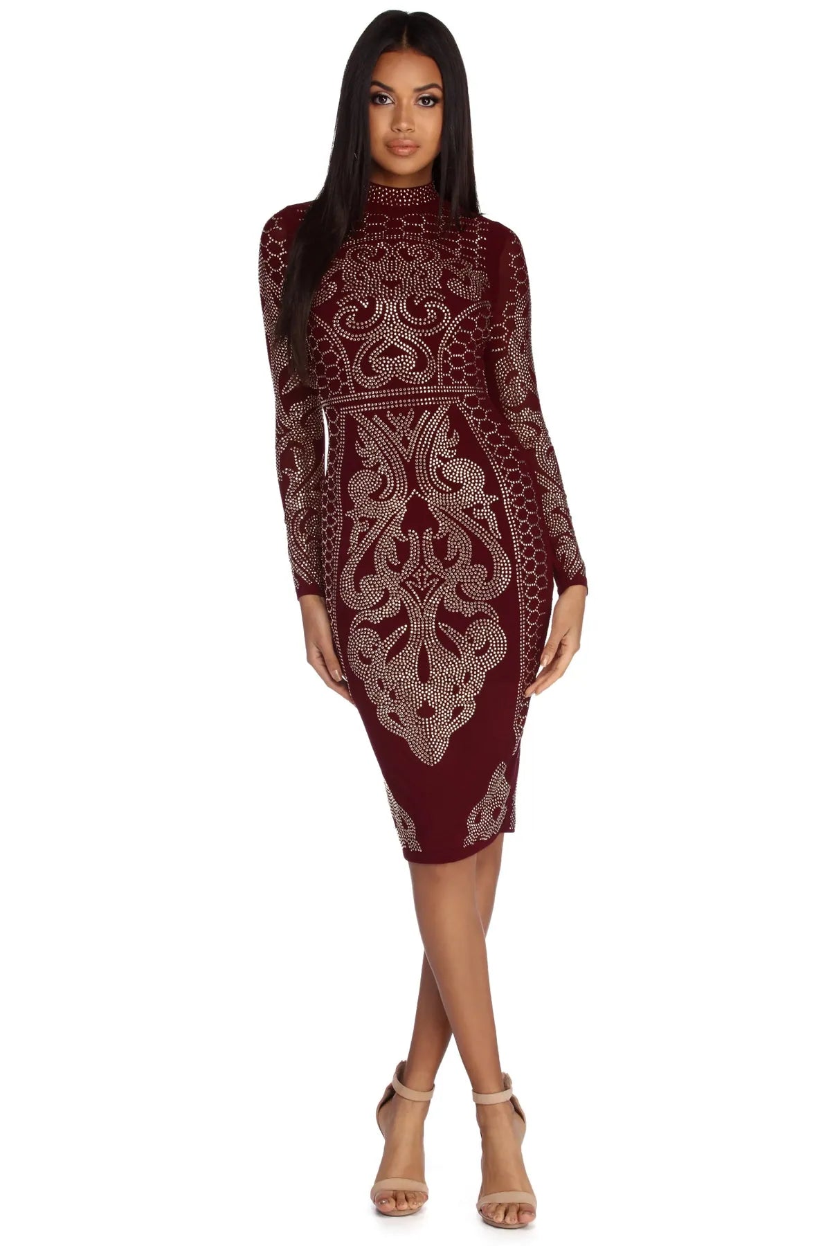 Midi dresses with pom - pom trims for a playful and festive lookArabella Formal Heat Stone Mesh Dress