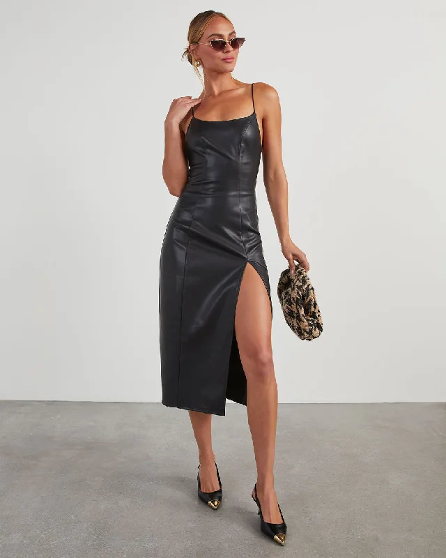 Midi dresses with ribbed textures for a unique and tactile appearanceAziza Faux Leather Sleeveless Midi Dress Midi dresses with ribbed textures for a unique and tactile appearanceAziza Faux Leather Sleeveless Midi Dress