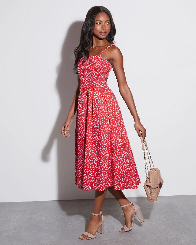 Midi dresses with mesh inserts for a trendy and breathable optionBetsey Smocked Floral Midi Dress Midi dresses with mesh inserts for a trendy and breathable optionBetsey Smocked Floral Midi Dress