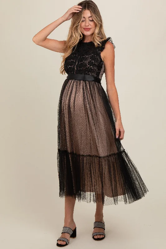 Midi dresses with pom - pom trims for a playful and festive lookBlack Lace Contrast Tulle Maternity Maxi Dress Midi dresses with pom - pom trims for a playful and festive lookBlack Lace Contrast Tulle Maternity Maxi Dress