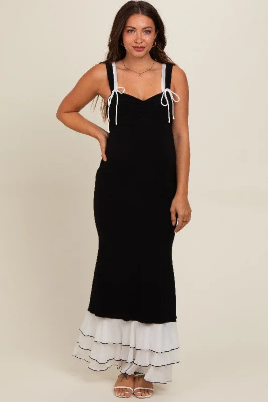 Maxi - inspired midi dresses with flowing fabrics for a beachy vibeBlack Shoulder Tie Layered Hem Maternity Maxi Dress Maxi - inspired midi dresses with flowing fabrics for a beachy vibeBlack Shoulder Tie Layered Hem Maternity Maxi Dress