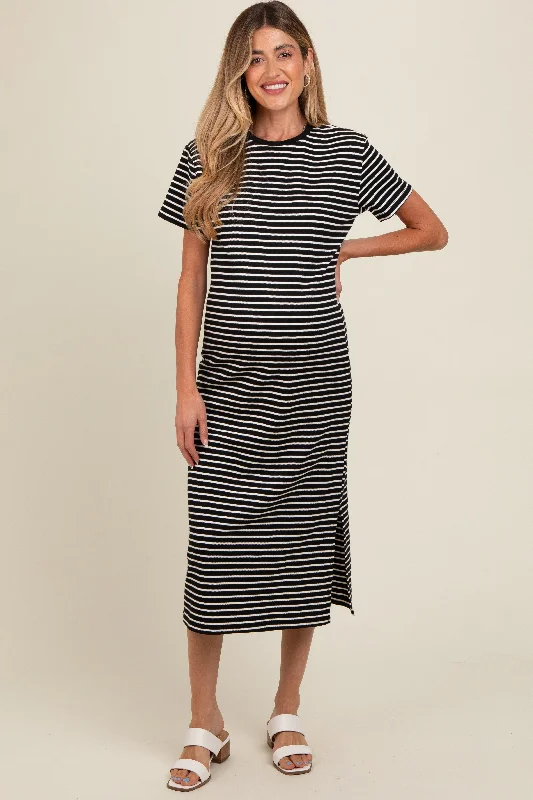 Midi dresses with ruffled bodices for a more pronounced feminine lookBlack Striped Short Sleeve Maternity T-Shirt Midi Dress Midi dresses with ruffled bodices for a more pronounced feminine lookBlack Striped Short Sleeve Maternity T-Shirt Midi Dress